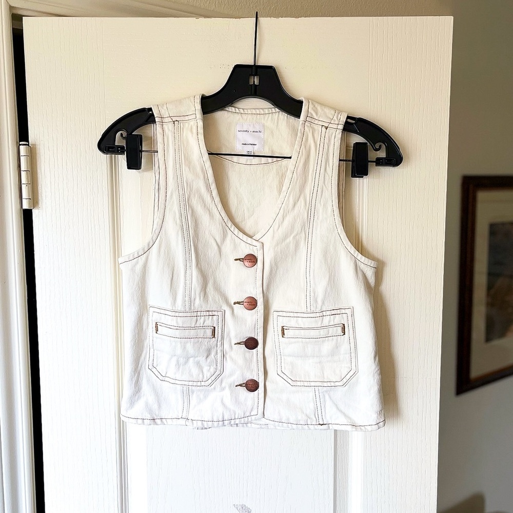 Seventy‎ + Mochi Bea Denim Vest Waistcoat Top Contrast Stitch Ecru 2 EUC - Picture 2 of 8